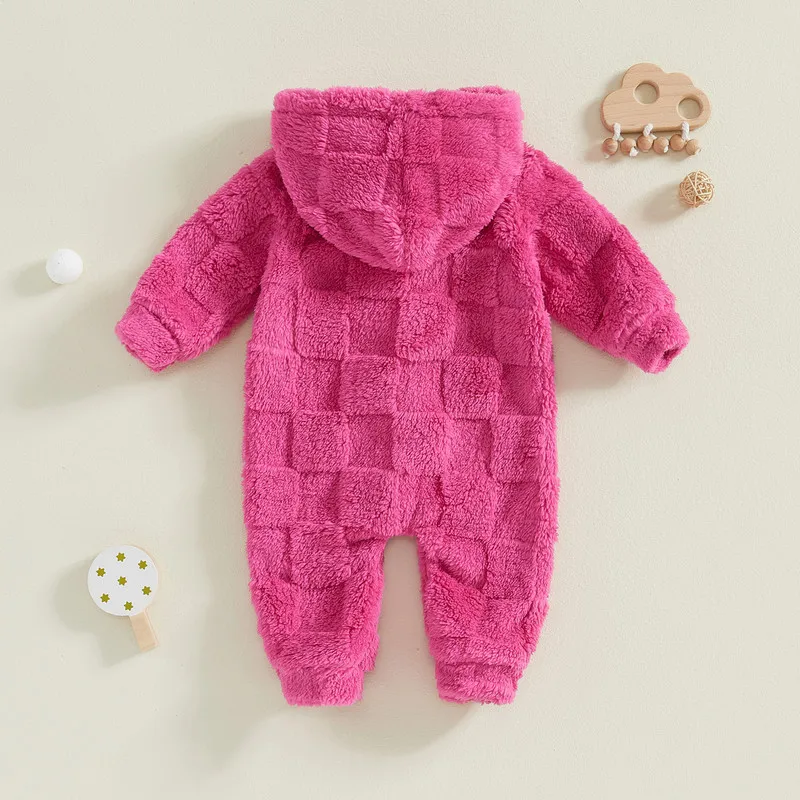 RUEWEY 0 to 12 Months Baby Girl Boy Fleece Romper Autumn Winter Warm Clothes Solid Color Long Sleeve Full Length Hooded Jumpsuit