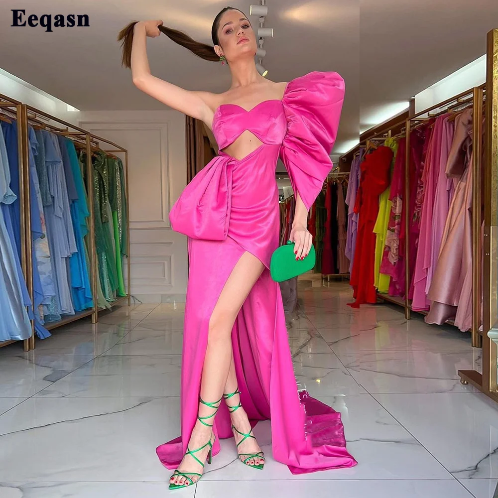 

Eeqasn Sexy Fuchsia Satin Evening Dresses For Women One Half Sleeves Formal Prom Gowns Split Side Bodycon Wedding Party Gowns