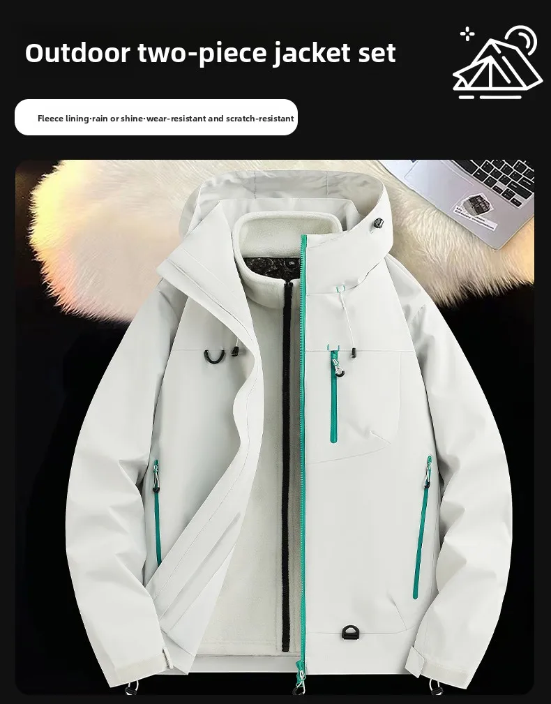 Outdoor-Wind- und wasserdichte 3-in-1-Jacke für Paare, Herren und Damen, Wander- und Trekkingjacke mit Fleece-Futter, Reißverschluss und Kapuze – Detail 2