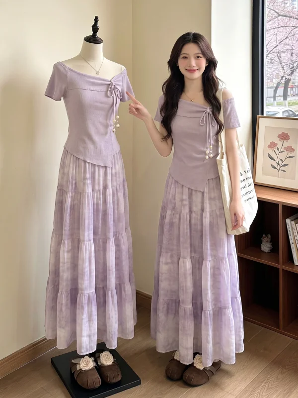

plus Size Women's Summer Fashion Set Ultra Violet Short Sleeve Gradient Dress Two Piece Suit Casual Commute Style Regular Fit