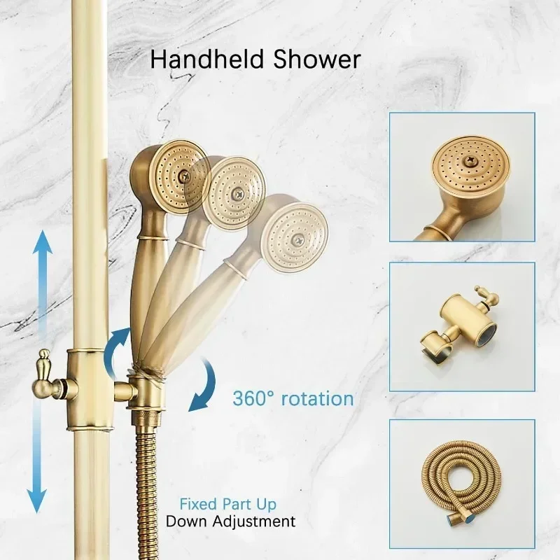 Antique Brass Shower System Bathroom Shower Faucet Set with 8 Inch Rainfall Shower Head Handheld Spray 2 Cross Handles Wall