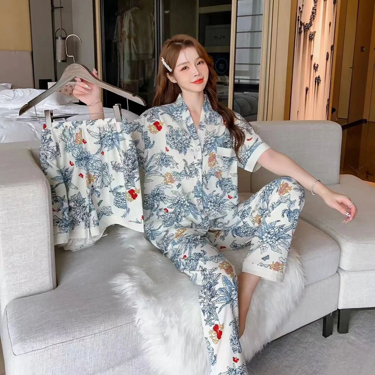 Women\'s New Three-Piece Pajamas Huar Mian Sweet Pajamas Homewear Women Short-Sleeved Net Red Summer Loose Casual Homewear Set