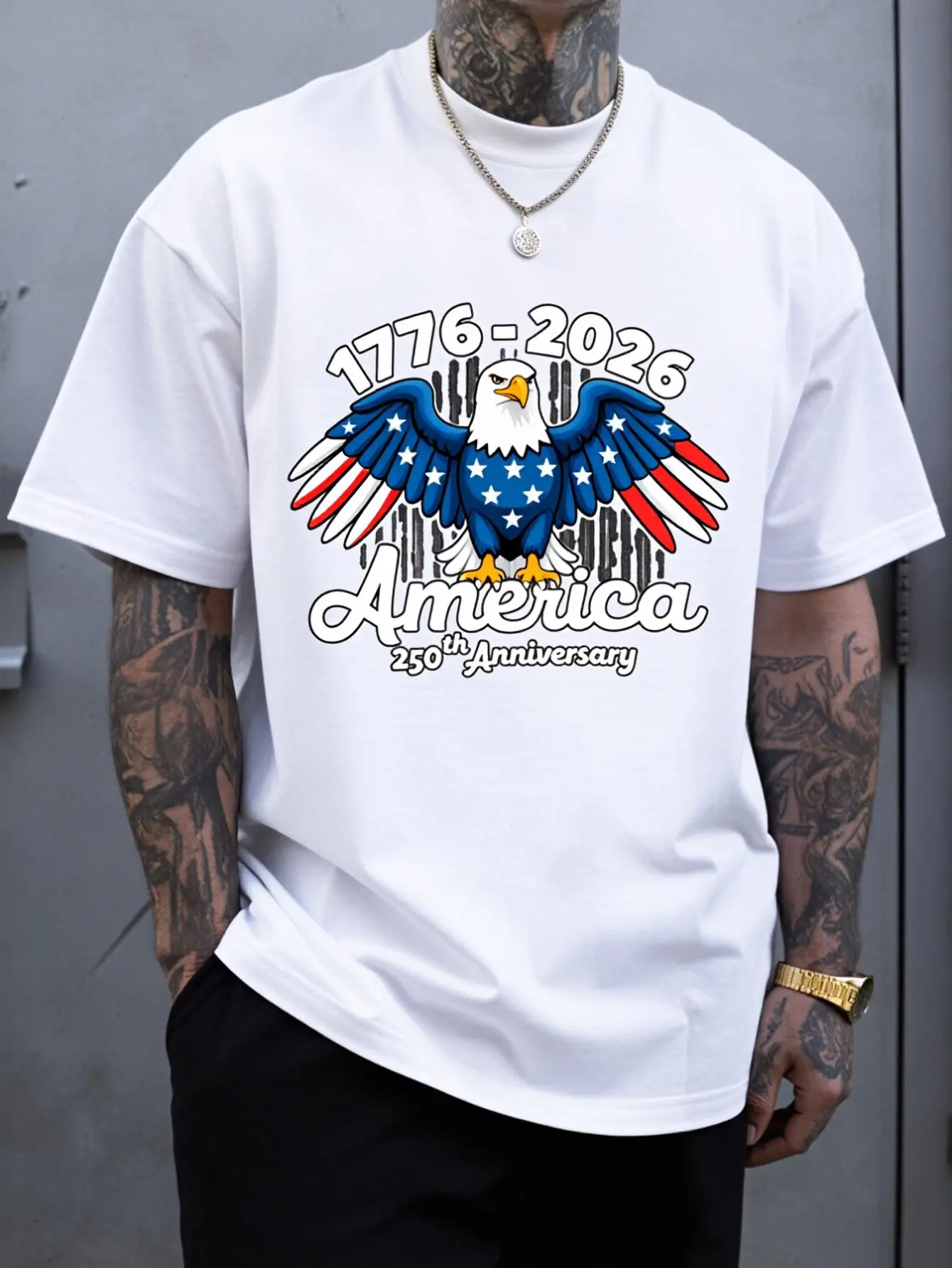 Men's 250th Anniversary Eagle & 1776-2026 America Design T-Shirt - 250 Years Of History Commemorative Gift, Loose Fit Breathable Cotton Tee For 4th Of, Christmas, Casual Wear