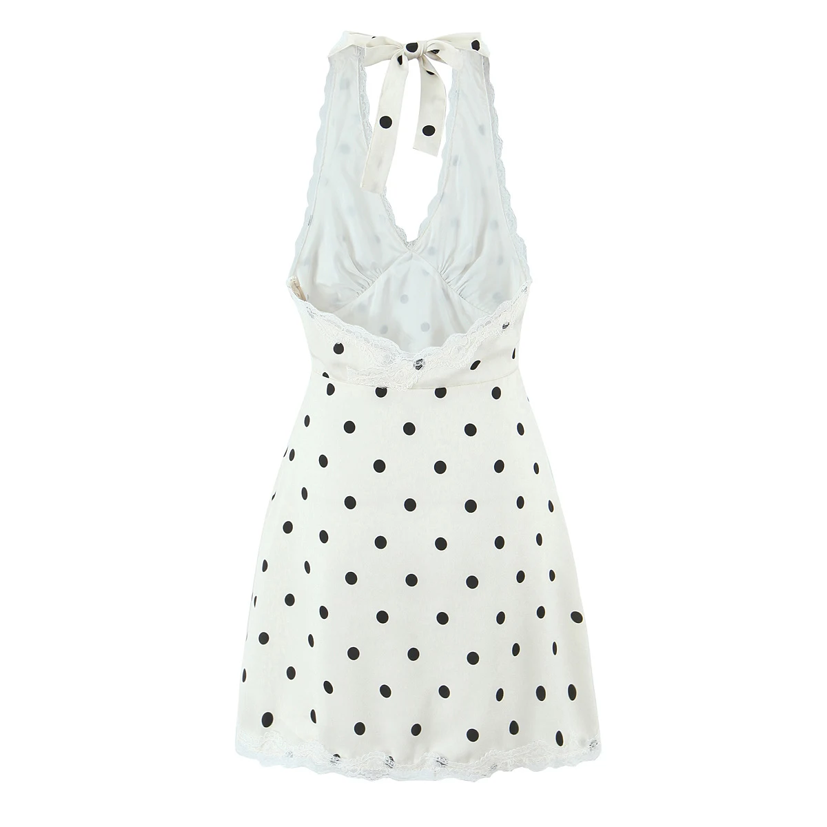 Sexy Beige Black Dot Print Spliced Lace Bow Halter V Collar Backless Mini Dress Women No Back Backless A-line Short Robe Holiday