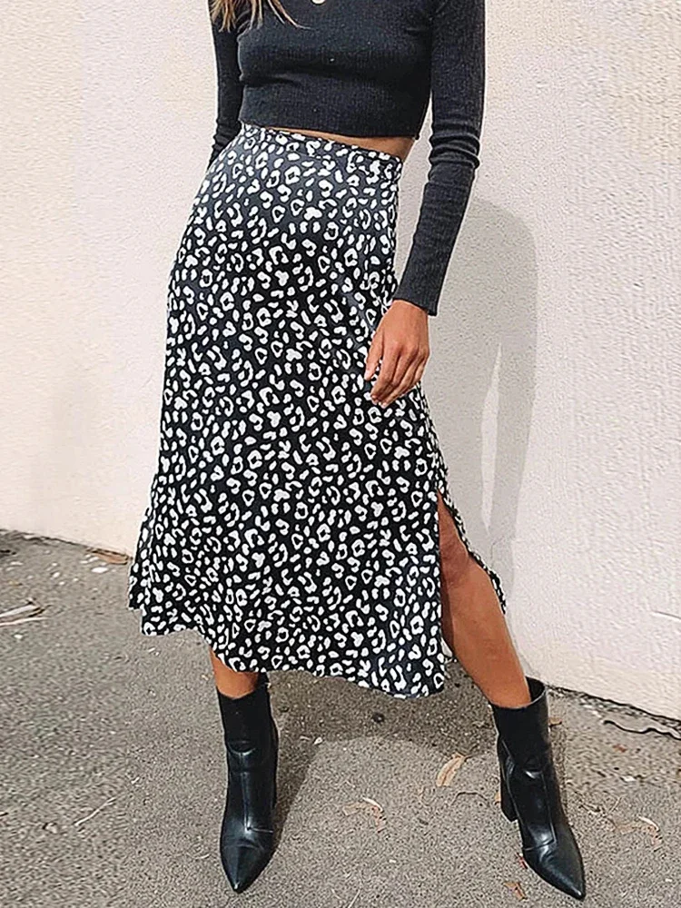 

New Sexy Leopard Print Chiffon Split Skirt Casual Fashion Long Skirts for Women Spring Summer Zip Elegant Female Skirt