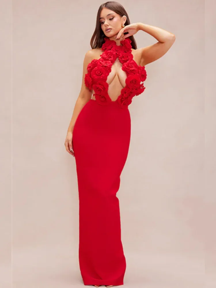 2025 femmes célébrité Sexy licou trou de clé dos nu fleur rouge Maxi longue pansement robe moulante élégante soirée Club tenue de fête