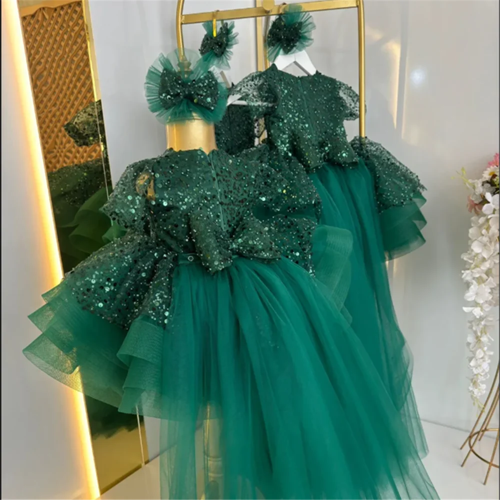 Vestidos hinchados de color verde esmeralda para bebés y niños, vestidos de desfile de primer cumpleaños, vestido de niña de flores con purpurina de tul, trajes de comunión con tren