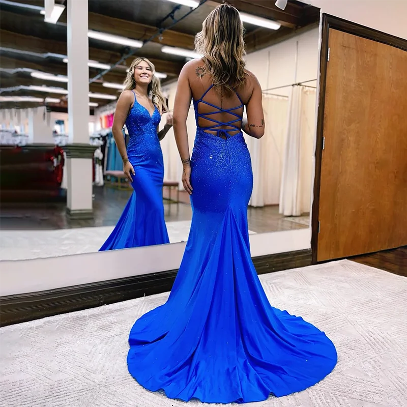 Vestido De Noche largo hasta el suelo para mujer, traje elegante De sirena con tirantes finos y cordones en la espalda, color azul