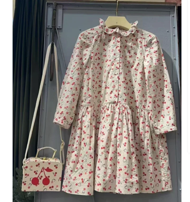 

Платье для девочек, весна/осень 2023, Новое поступление, модное платье принцессы с вишневым принтом для девочек, хлопковое милое длинное платье в корейском стиле