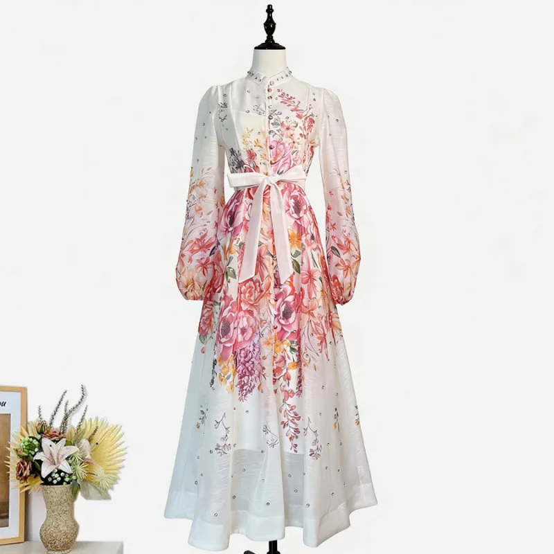 ชุดเดรสยาวผ้ากำมะหยี่พิมพ์ลายดอกไม้สไตล์อังกฤษ ดีไซน์เอวสูง แฟชั่นทันสมัย เหมาะกับทุกโอกาส สำหรับผู้หญิง