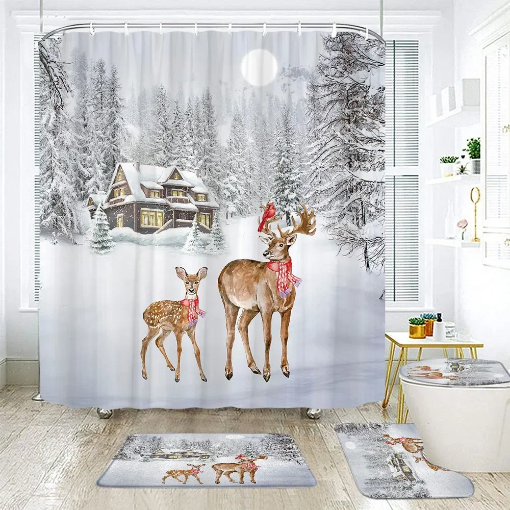 Merry Christmas Winter Red Truck Bathroom Shower Curtain Rug Set Snowman Polyester Reindeer Bath Curtain Washable Bathroom Decor