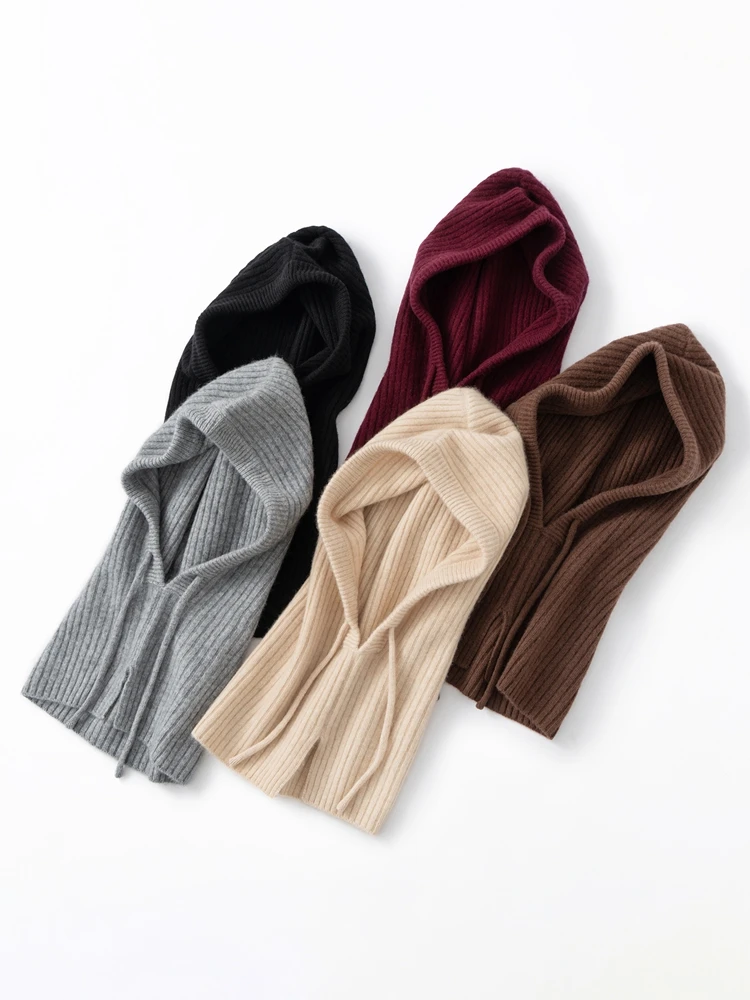 Autumn Winter Women Cashmere Hat Drawstring Jacquard Warm Beanies Cap Balaclava Hat Unisex Neck Scarf Bonnet 100% Cashmere Knit