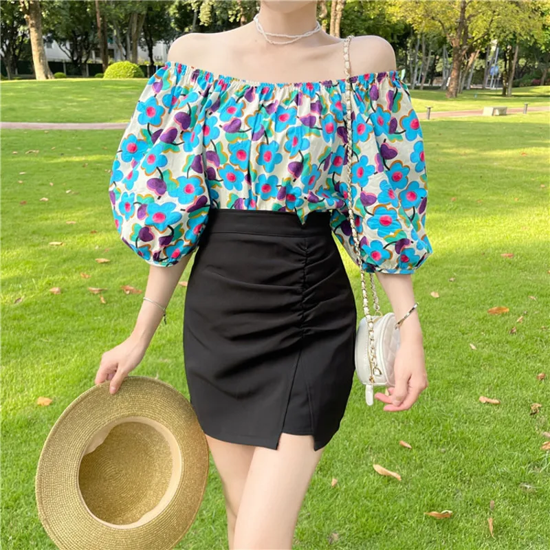 French Vintage Women Slash Neck Pleated Floral Printed Tshirt Sweet Casual Female Tee Tops Off Shoulder Summer Fashion T-shirts