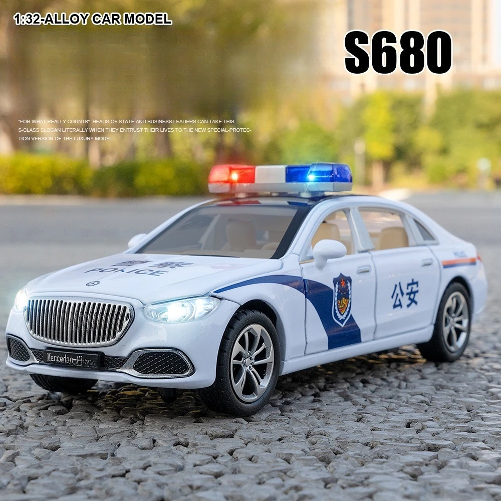 Modelo de coche de aleación a escala 1/32, Metal fundido a presión S680, modelo de coche de policía con sonido ligero, función de retroceso, juguete para regalos de colección para niños