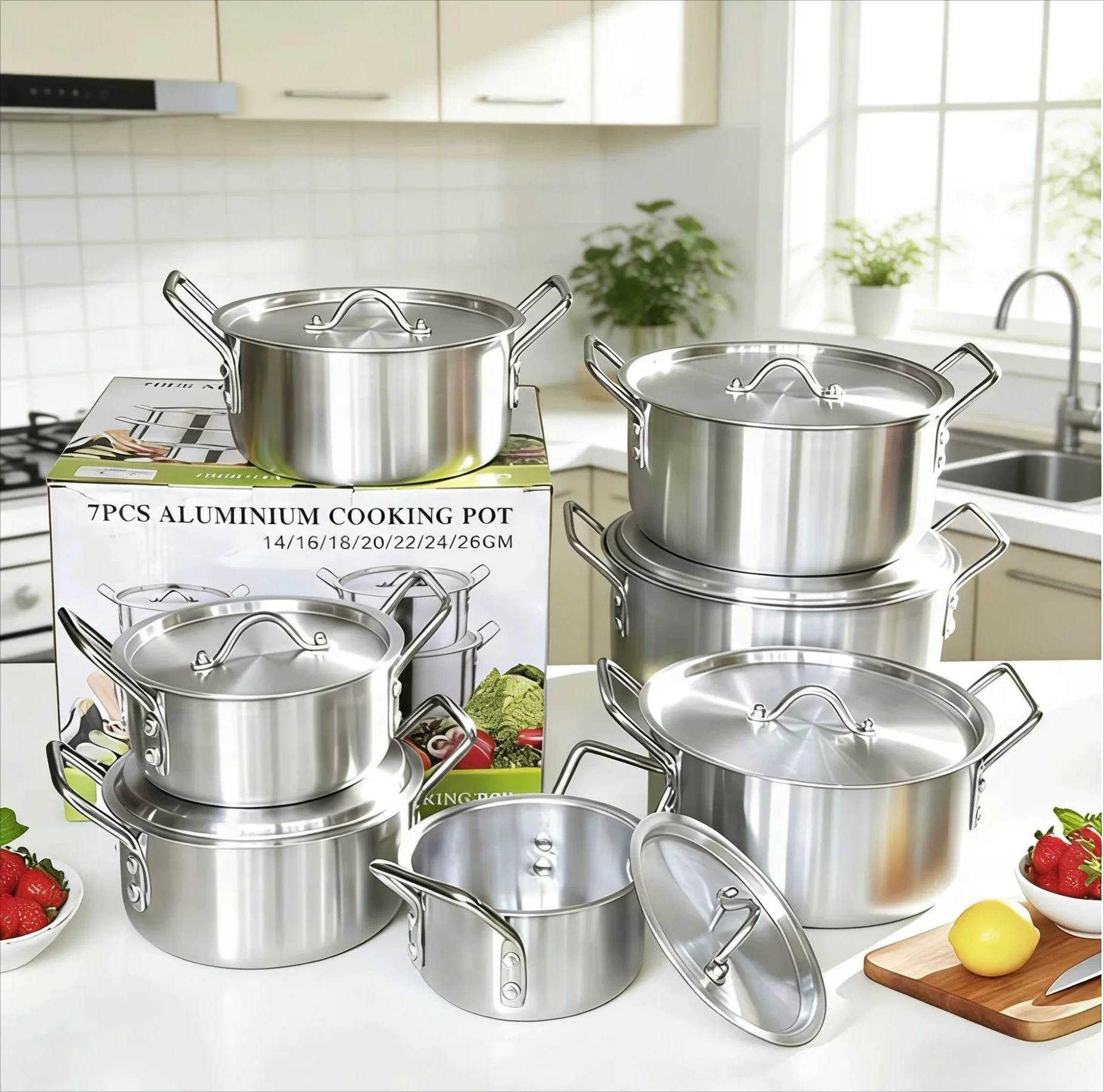 7 Pieces Household Aluminum Cooking Pot Set Non-Stick Easy Clean Kitchen Cookware Kit Multi Size Saucepan Frying Pan