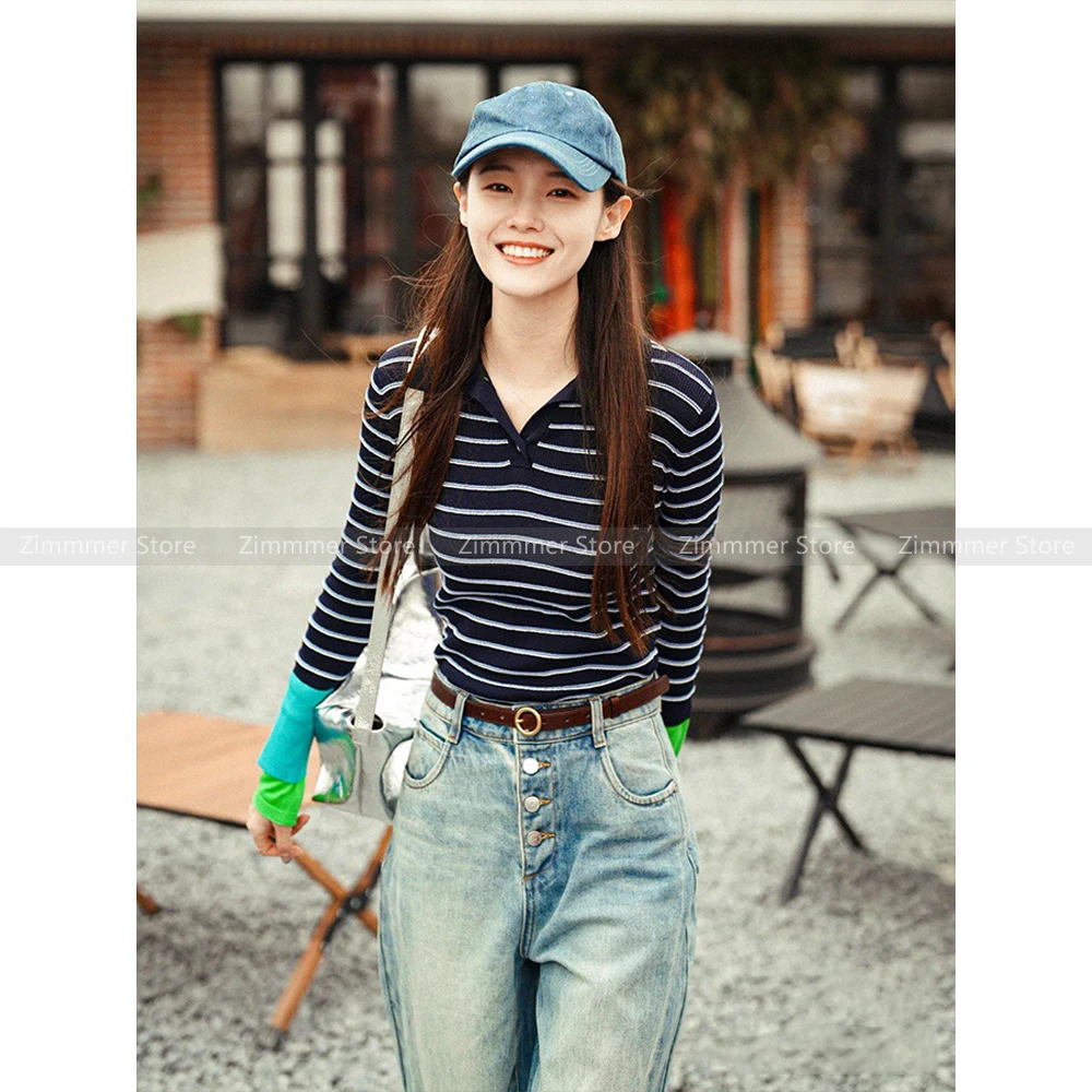 

Black striped Polo shirt for women 2024 spring new design slim fit V-neck long-sleeved T-shirt bottoming top