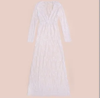 Sexy White Long Sve Deep V Ne Lace See tough Bodycon Dr with Train for Women Autumn 2024 Other 00% Material