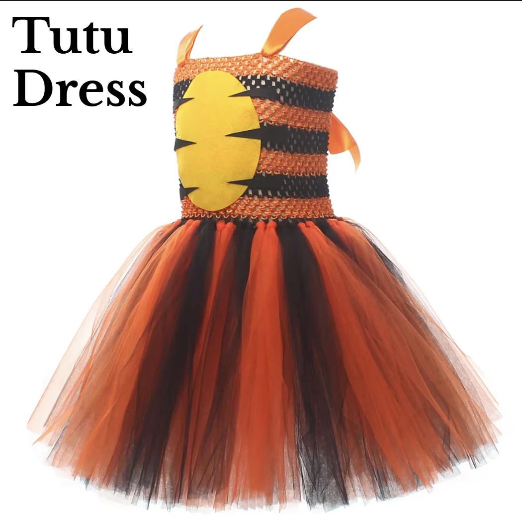 Children Tiger Animal Themed Cartoon Cute Dress Girls Stage Performance Role Play Holiday Fancy Carnival Party Dress Up Outfit