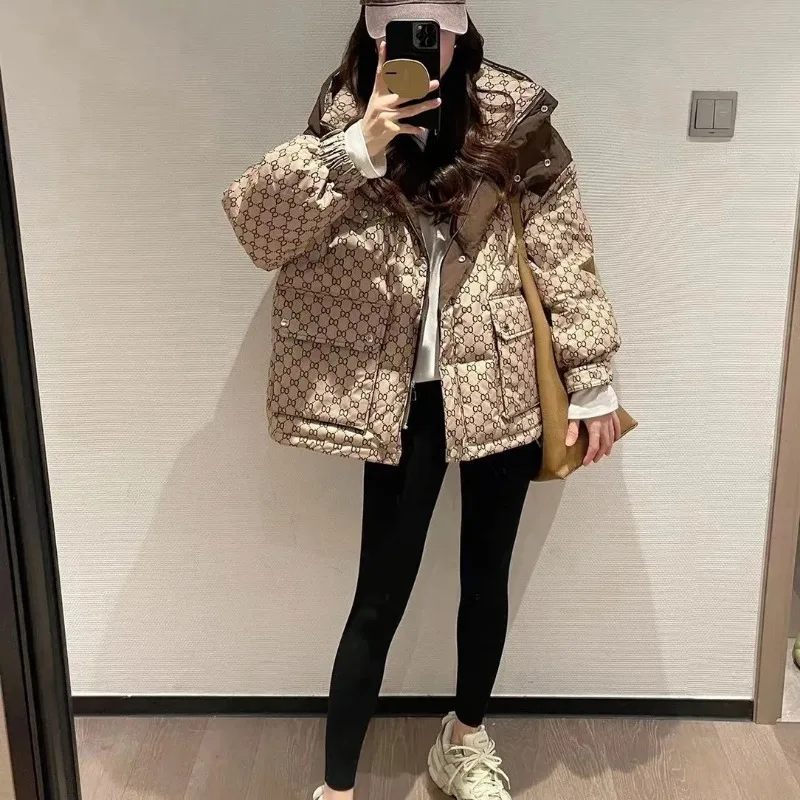 Luxury Brand Women Clothing Winter Super Hot Coat New Trendy Youthful Printed Cotton Padded Jacket Hooded Short Tops Puff Jacket