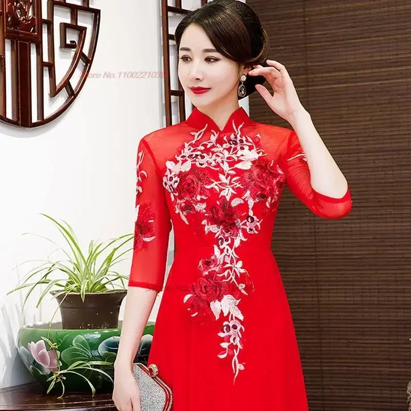 

2024 women improved qipao dress elegant lace flower embroidery cheongsam vintage banquet qipao oriental evening dress vestido