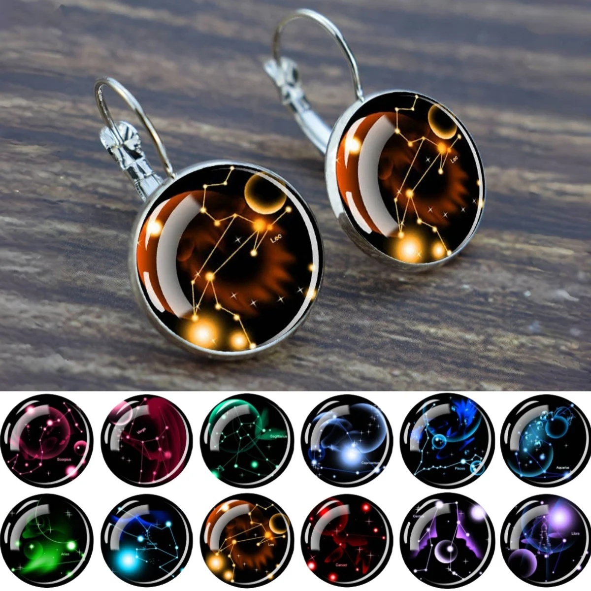 12 Constellation Earrings Jewelry Glass Cabochon Earrings Hook Earrings Female Leo Scorpio Birthday Present Wholesale Discount