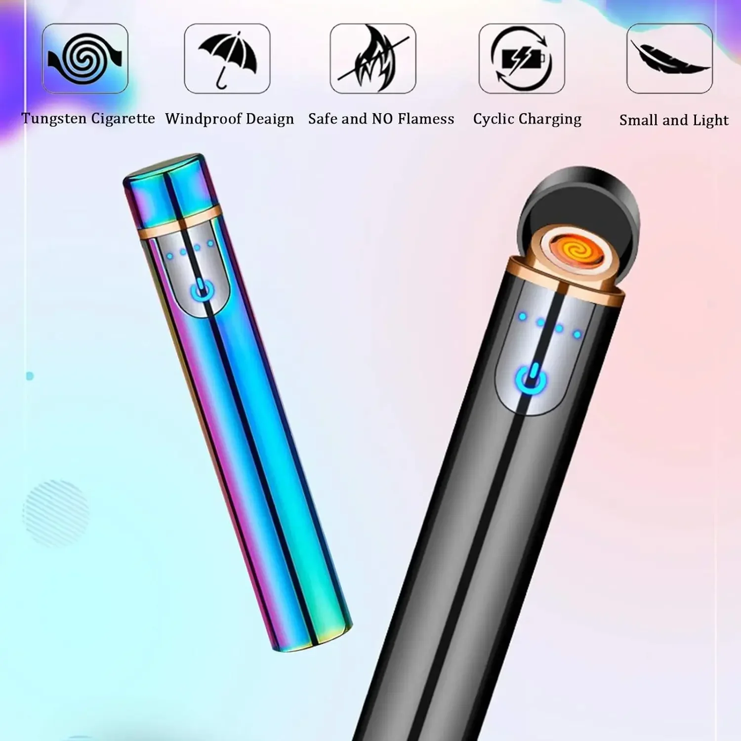 Mini Cylindrical Strip Double Arc Lighter, USB Rechargeable, Tungsten Lighters, Windproof, Flameless, Smart Fingerprint Ignition