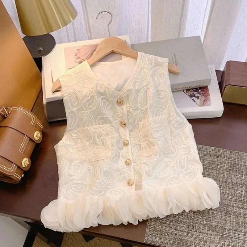 

Summer Women Embroidery Sleeveless Glitters Chiffon Patchwork White Top Shirt , Woman Designer Fashion Cardigan Tops Shirts