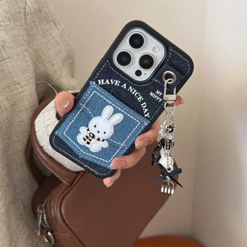 

Luxury embroidery Cowboy cloth fluffy Miffy wallet card bag Phone Case For iPhone 13 14 15 16 17Pro Max 3D Miffy Y2K pendant﻿﻿﻿﻿