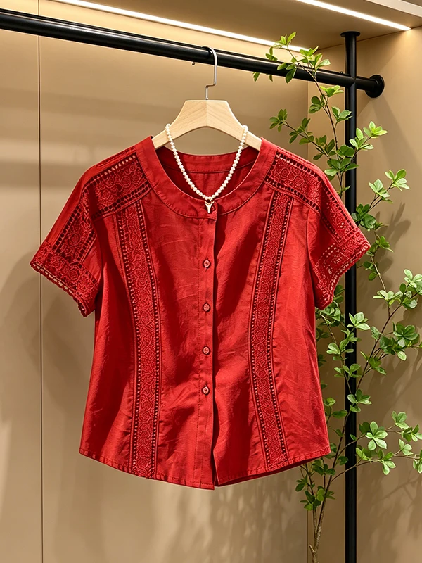 

plus Size Casual Red Lace Hollow out Shirt Women's Summer New Style Slimming Loose Fit Versatile Top for plus Size Women