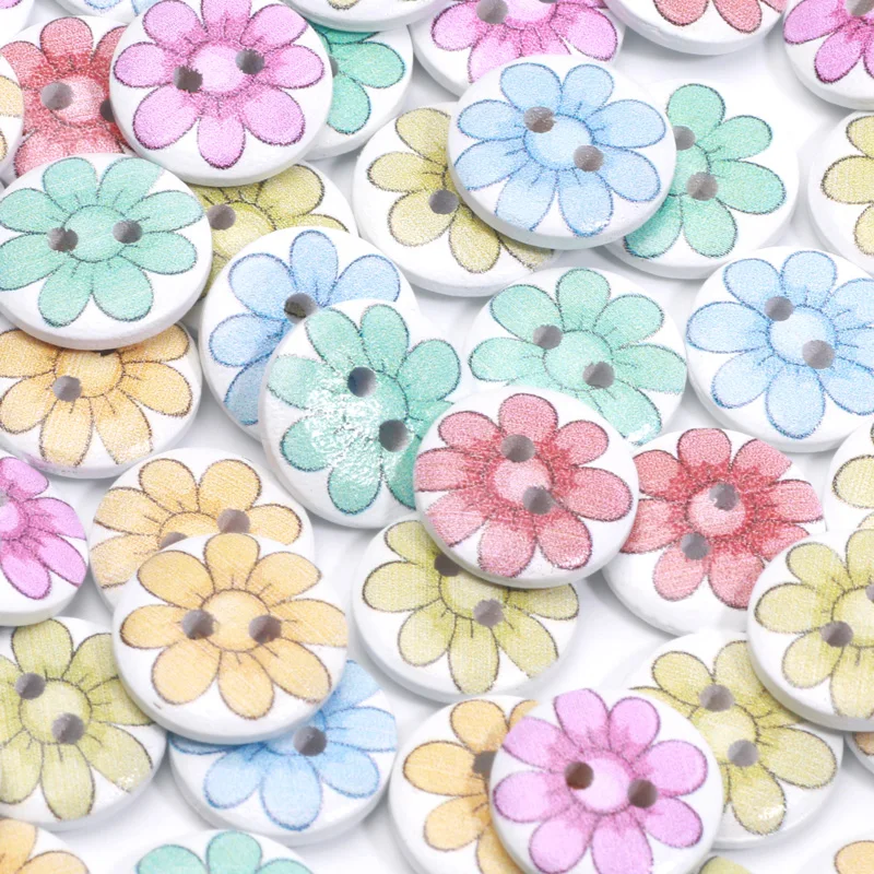 30pcs Cute Sunflower Printed 15mm 2-Holes Wooden Button for Diy Clothes Handmade Needlework Sewing Accessories Home Decorative