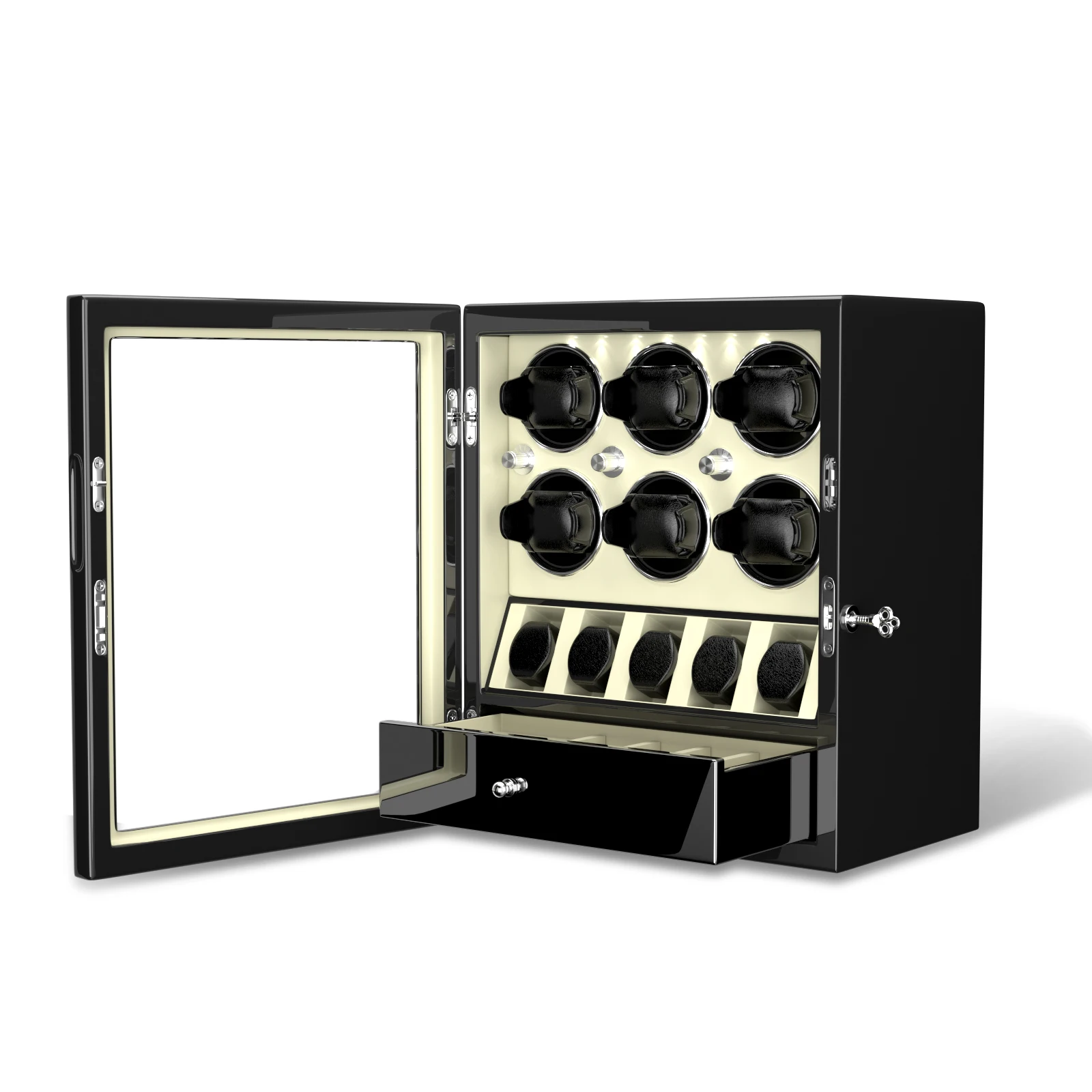 Automatic Watch Winder Storage Box 6 slots with 5 Watch Organizer LED Light Winding With Silent Mabuchi Motor