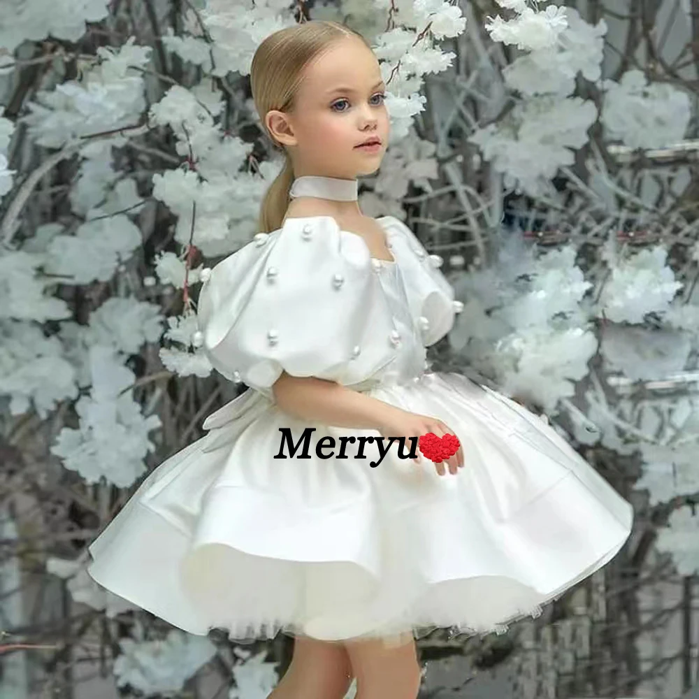 New White Flower Girl Dress Princess Wedding Party Gown  Elegant Formal  Satin Pearls  Kids First Communion Dress