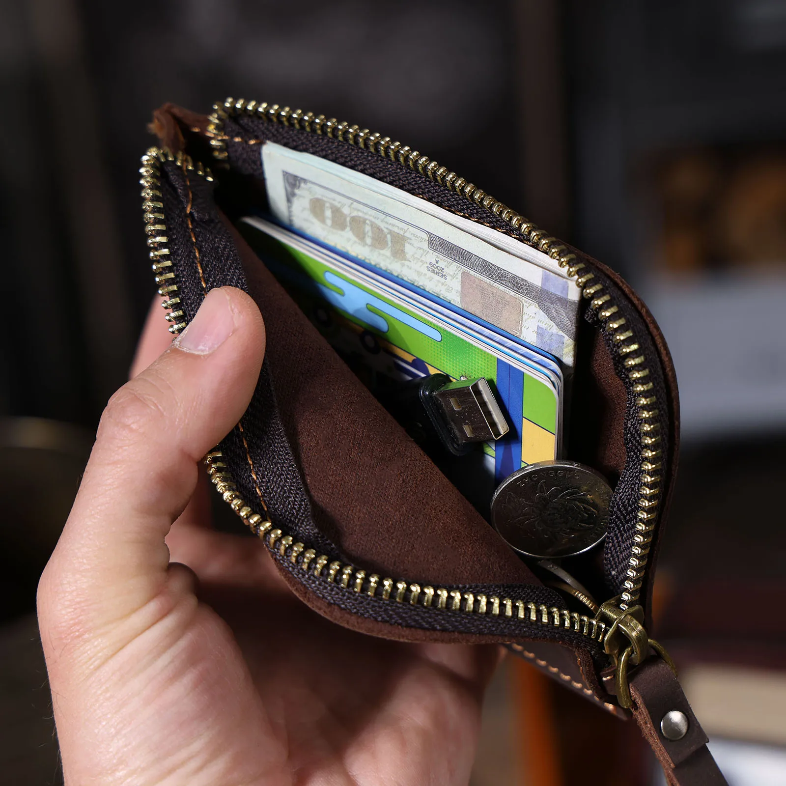 Echtes Leder Kartenhalter Einfache Mini-Geldbörse Mit YKK-Reißverschluss Crzay House Leder Perfekt zum Tragen von Münzen, Karten, Schlüsseln – Detail 13