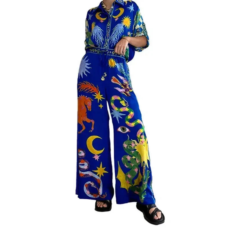 2024 New Fashion Graffiti Casual Style Printed Loose Wide Leg Pants Two Piece Set Two Piece Sets Womens Outifits Shirts