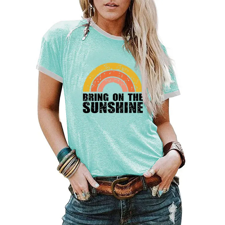 Summer Fashion Round Neck Contrast T-shirt BRING ON THE SUNSHINE Printed Casual Short sleeved Top
