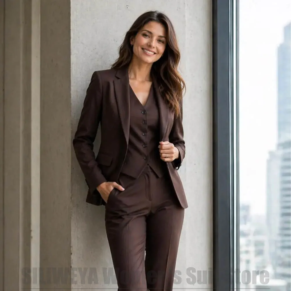 

Women Brown 3 Piece Suit Set Elegant Office Business Blazer Vest And Pants Fashion Formal Workwear For Party Prom Lady Outfit