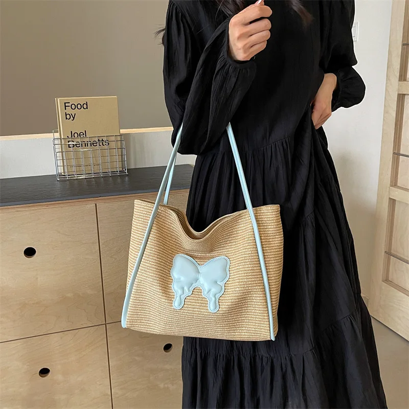 

Summer New Grass Woven Cabbage Basket Vacation Beach Bag Butterfly One Shoulder Underarm Bag