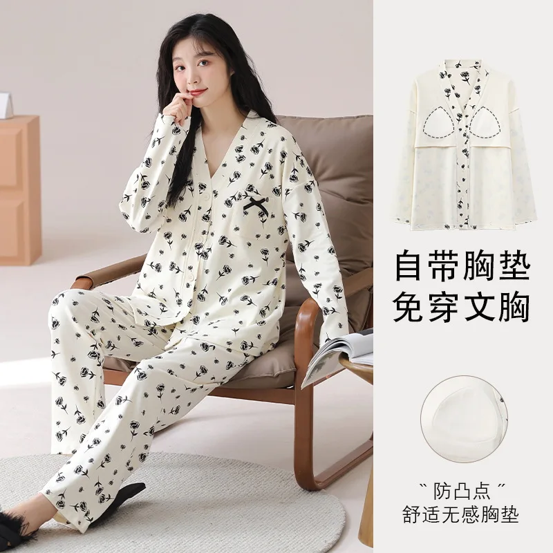 Floral Printed Pajama Women Autumn Student Cute Long sleeve Cotton Spring High-Grade Home Wear Set with Bra Pad Kimono Loungwear