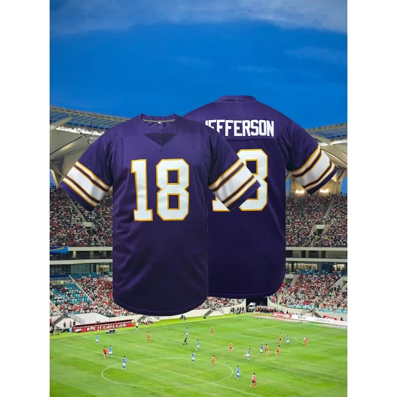 

Men's Embroidery Rugby Jersey Breathable T-shirts V-neck Minnesota #18 Justin Jefferson Short Sleeve Embroidered Football Jersey