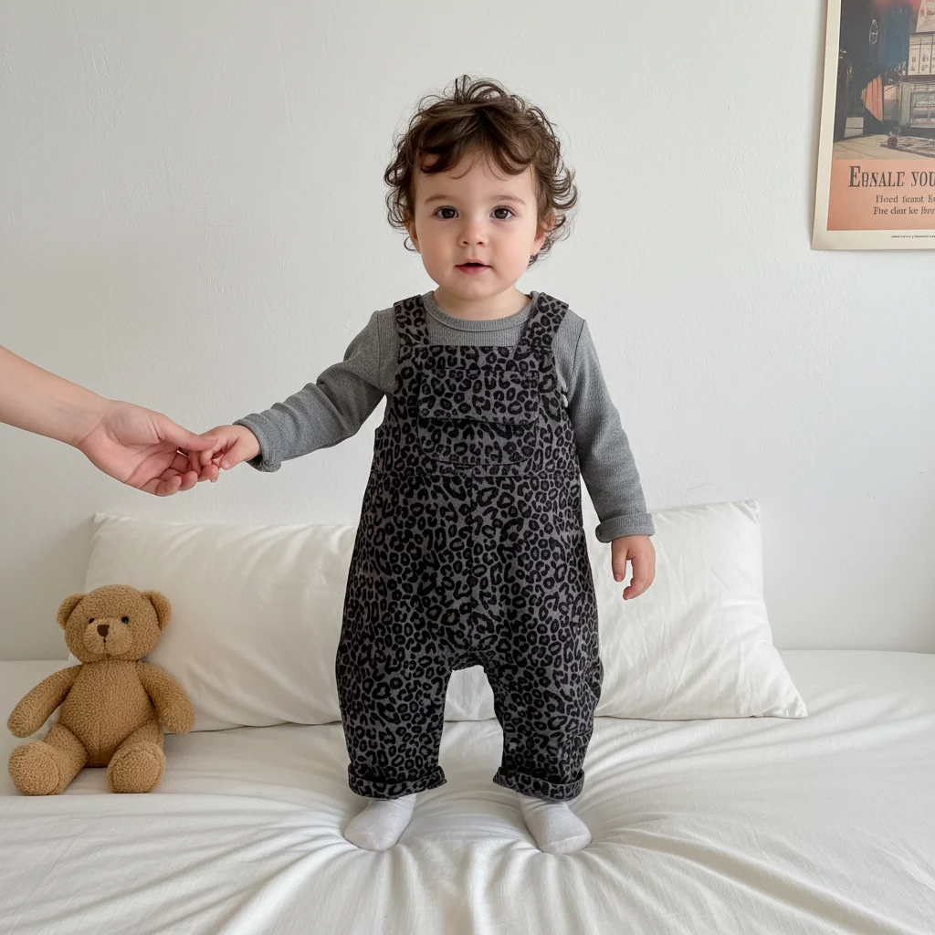 Spring and Autumn Korean Infant Leopard Print Suspenders 2-Piece Set, Male and Female Baby Leopard Print Suspenders Pit Long Sle