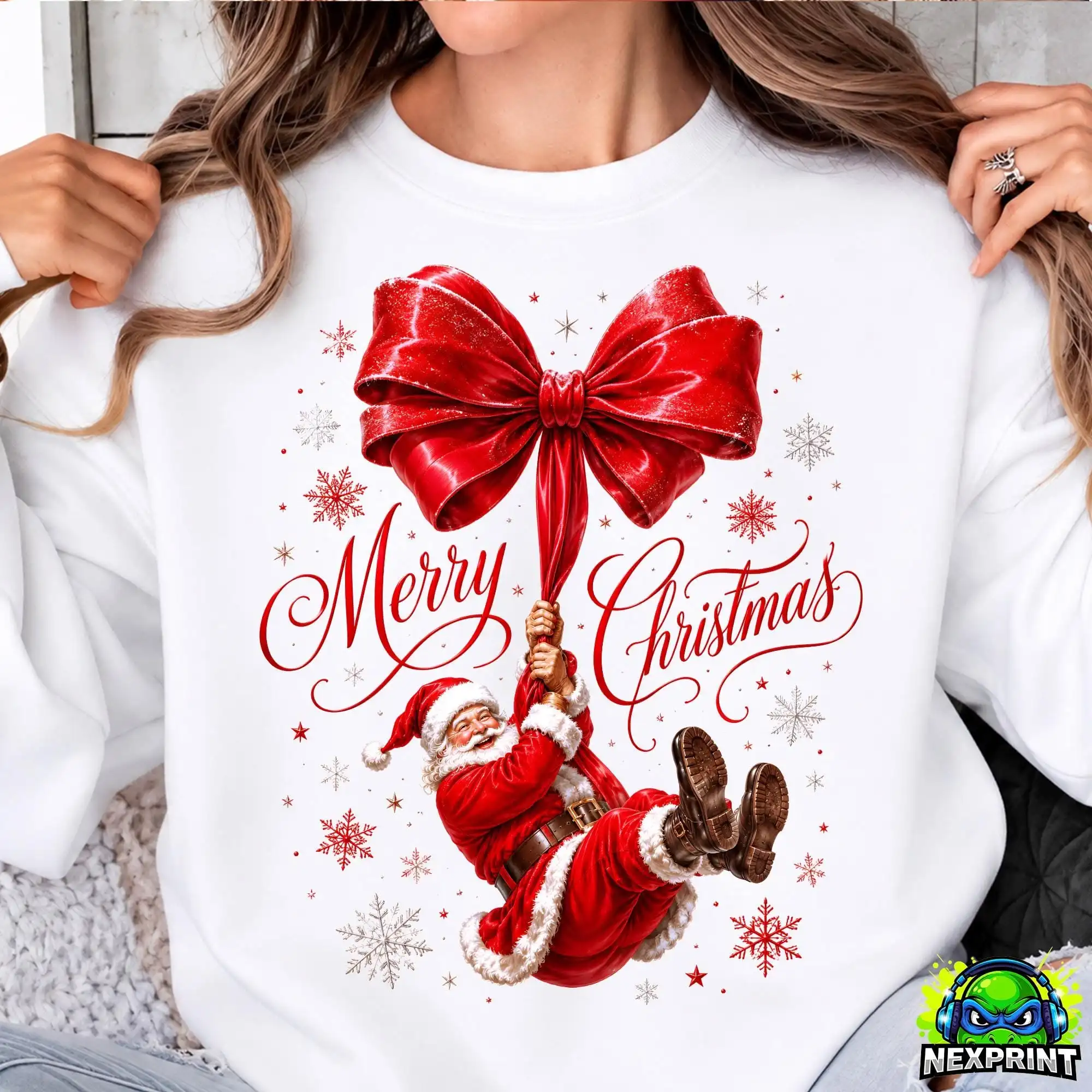 Unisex Sweatshirt Polyester Giant Red Bow Santa Claus Graphic Merry Christmas Print Winter Pullover Top