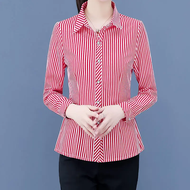 Spring Autumn Classic Striped Elegant Long Sleeve Chiffon Button Up Shirts Women Korean Fashion Lapel Slim Ladies Tops Blouses