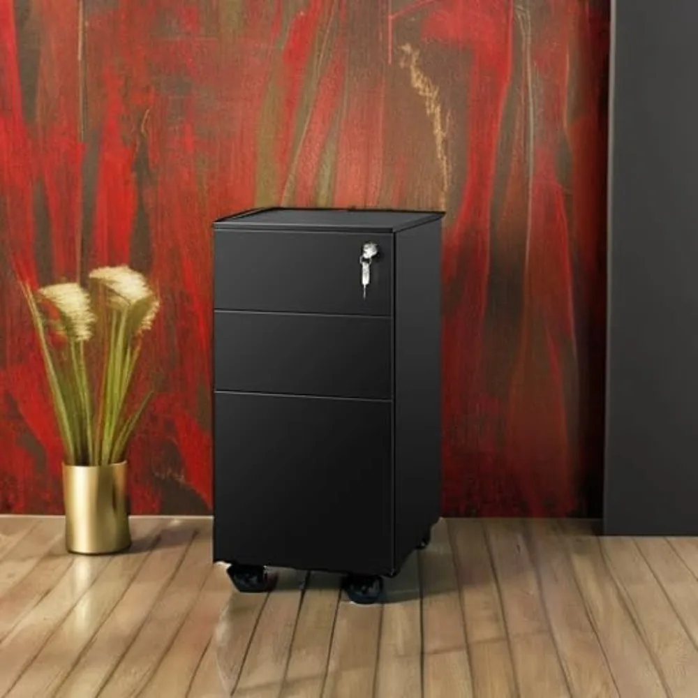 خزانة ملفات معدنية ذات 3 أدراج مع قفل، خزانة ملفات رفيعة تحت المكتب للاستخدام المنزلي والمكاتب #6