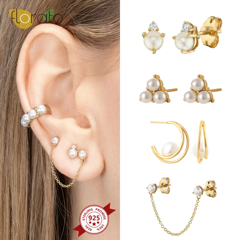 

925 Sterling Silver Ear Needle Pearl Stud Earrings For Women Minimalist Ear Cuffs Piercing Earring Luxury Jewelry Accessories