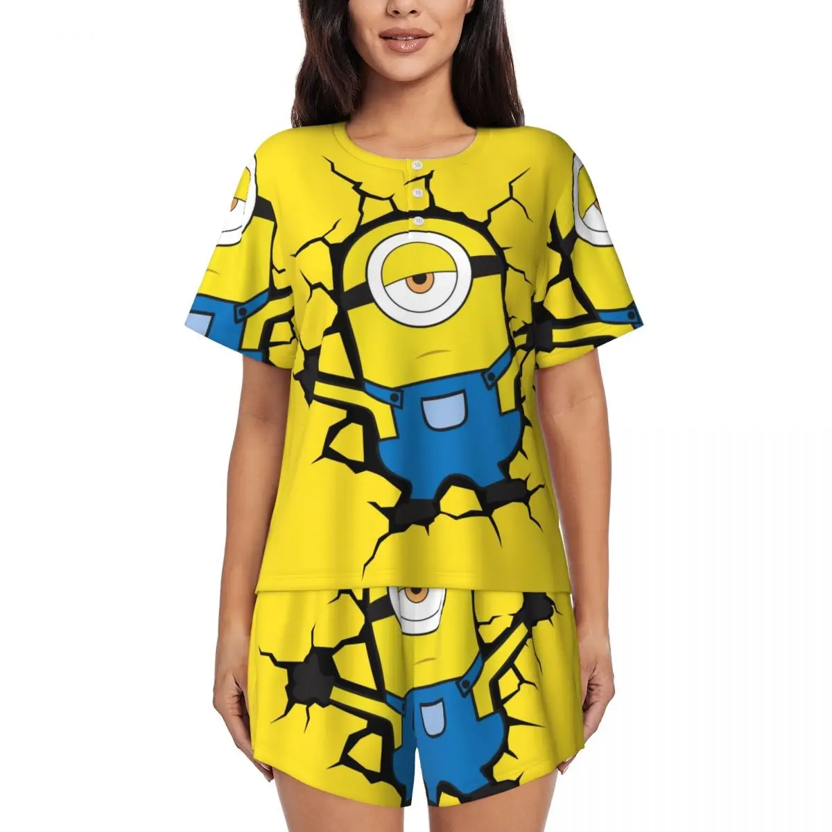 Custom Minions Broke The Wall Pajama Sets Women 2 Piece Cartoon Animation Short Sleeve Pjs Shorts Sleepwear