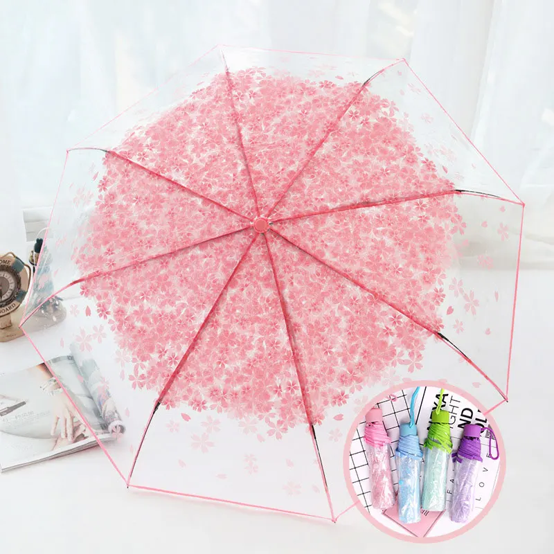 Korean Umbrella Cute Mini Fresh and Three-Fold Japanese Cherry Blossom Transparent Umbrella, Rainproof and Windproof