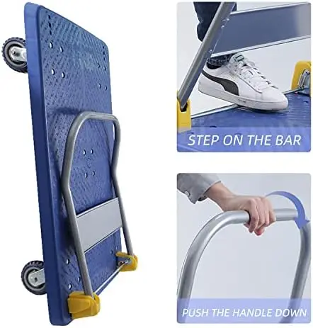 Carrito de mano plegable para carga y almacenamiento, capacidad de peso de 1320lb, ruedas giratorias de 360 grados, color azul