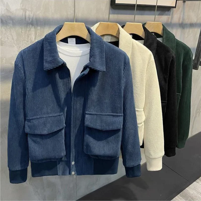 

Prowow Autumn winter warm lapel corduroy short jacket for men, simple and loose casual top jacket