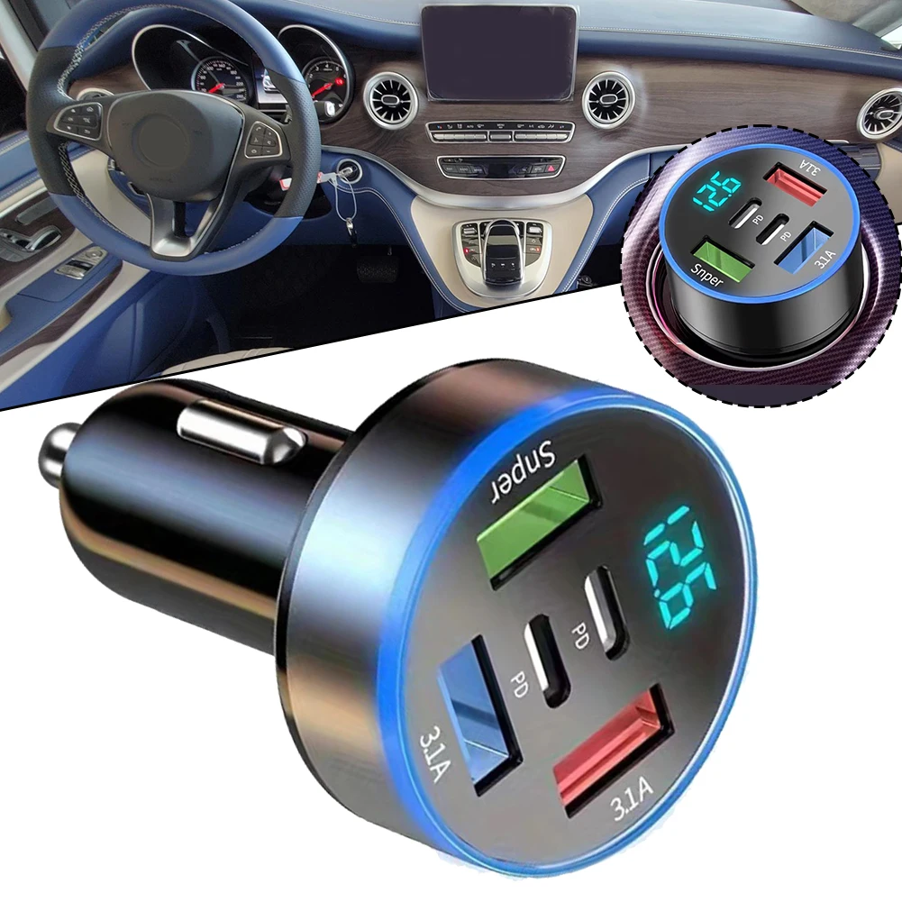 

5In1 USB Car Phone Charger Adapter Dual PD Port Super Fast Charge 12V-24V DC Aluminum-Alloy Electronics Accessories