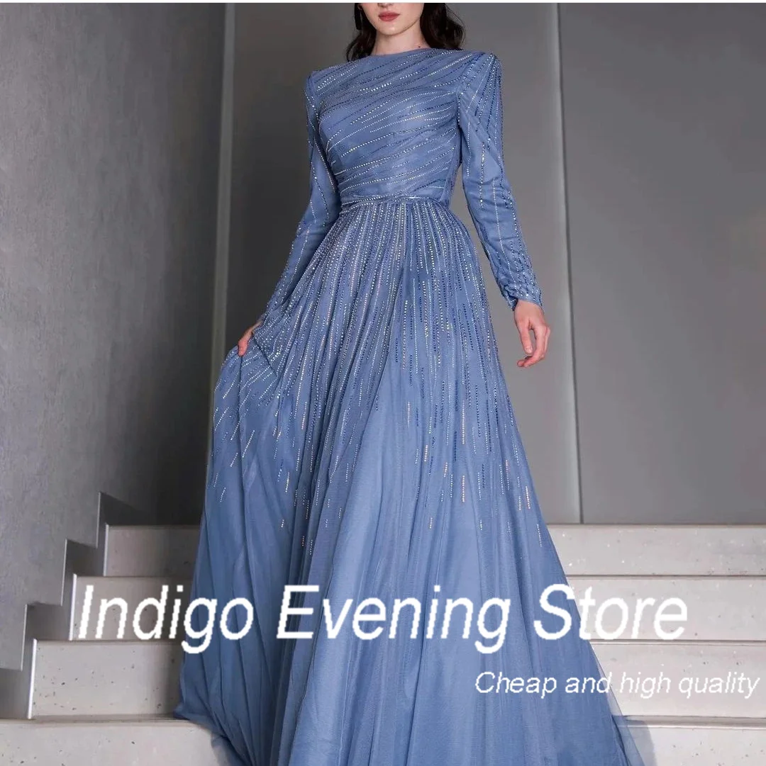 Indigo Prom Dresses O Neck Full Sleeves Beads A Line Floor-length Formal Occasion Dress For Women Vestidos De Gala  Customized